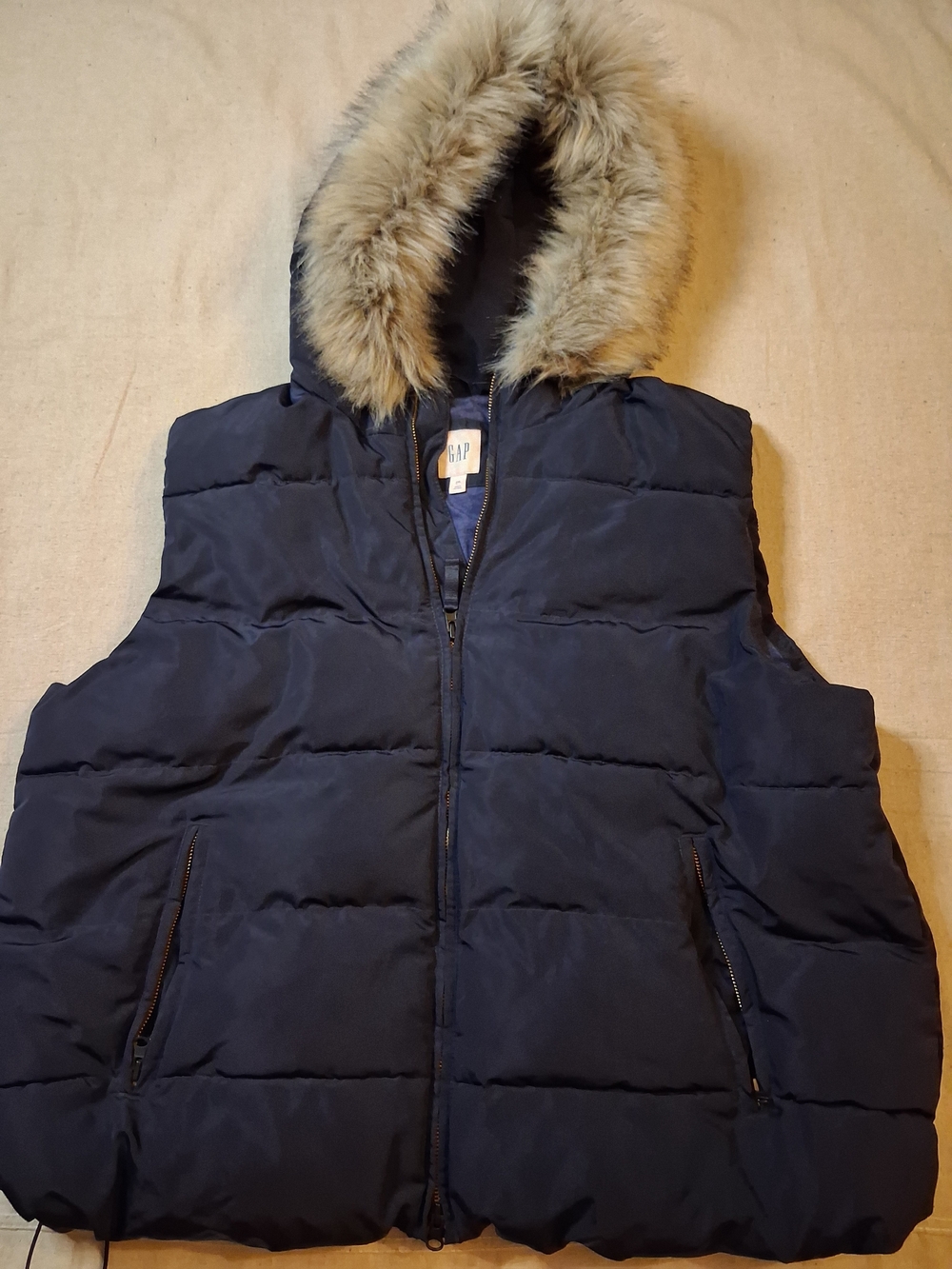GAP Navy Puffer Vest with Faux Fur Hood Women's Size XXL